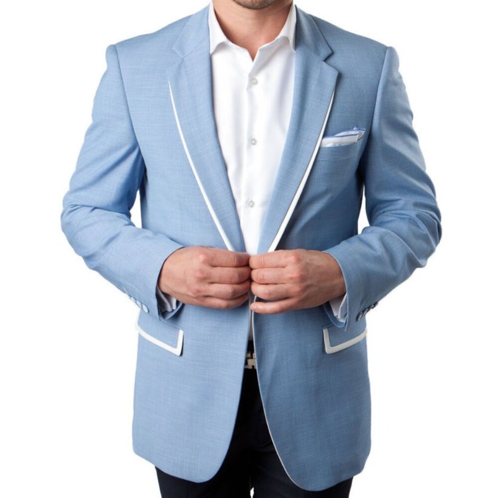 Baby Blue With White Trim Notch Lapel Men's Jacket